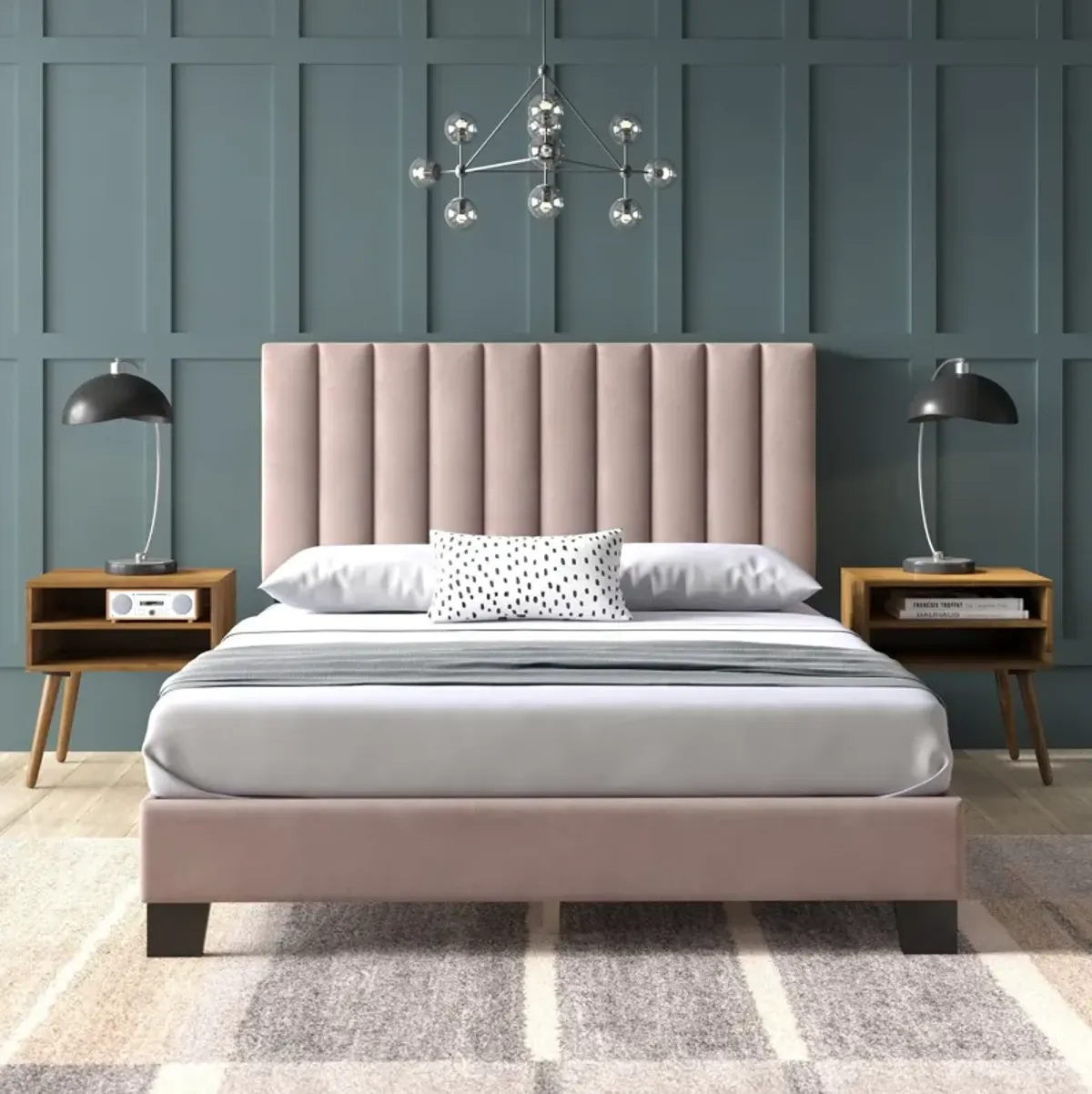 Joline Bed and 2 Nightstands - Blush