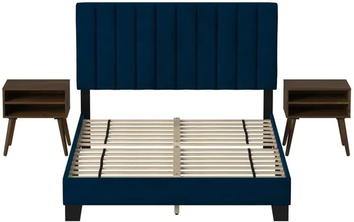 Joline Bed and 2 Nightstands - Navy