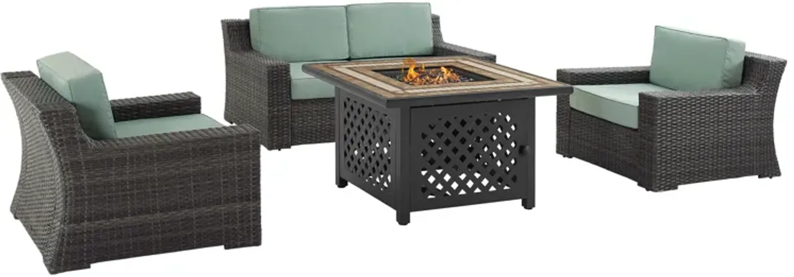 Tethys Outdoor Loveseat, 2 Chairs, and Fire Table Set - Mist