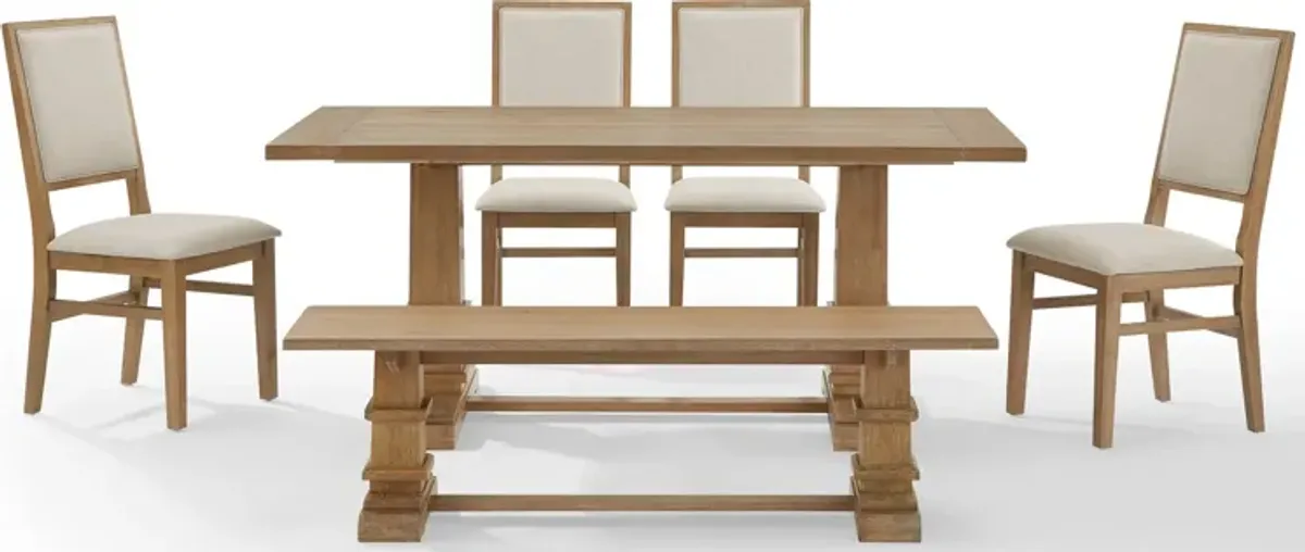 Ridgeline Dining Table, 4 Upholstered Chairs and Bench