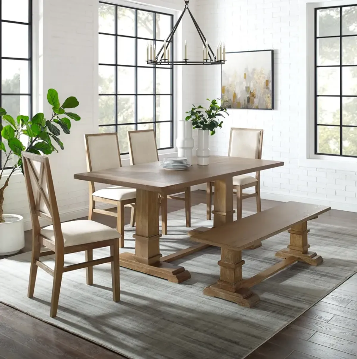 Ridgeline Dining Table, 4 Upholstered Chairs and Bench