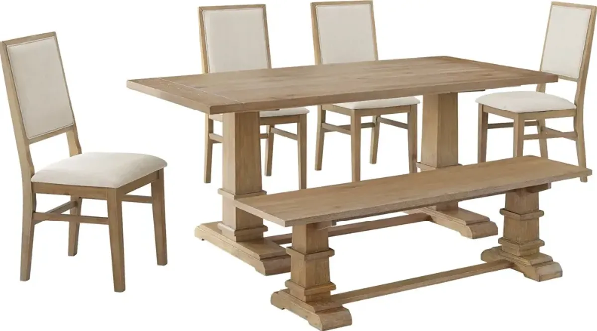 Ridgeline Dining Table, 4 Upholstered Chairs and Bench