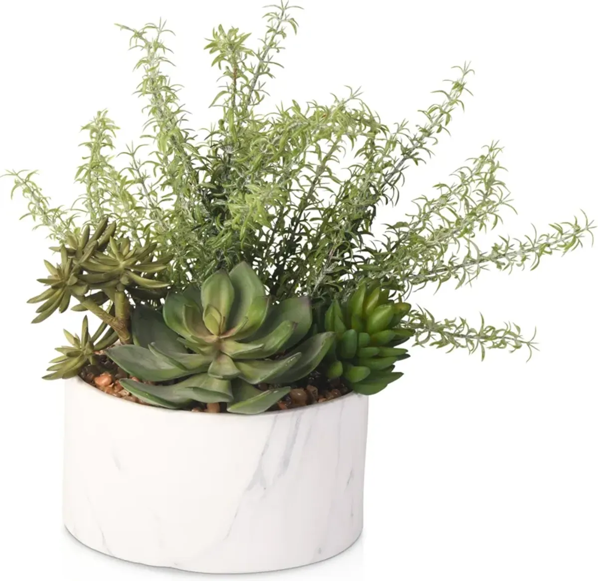 Faux Mixed Succulents and Rosemary Plant in Ceramic Vase - White