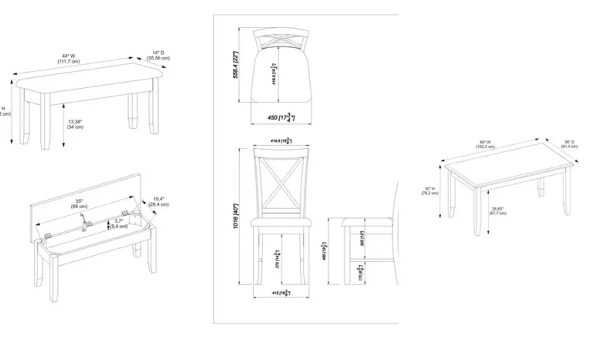 Bassett Dining Table, 4 Chairs and Bench