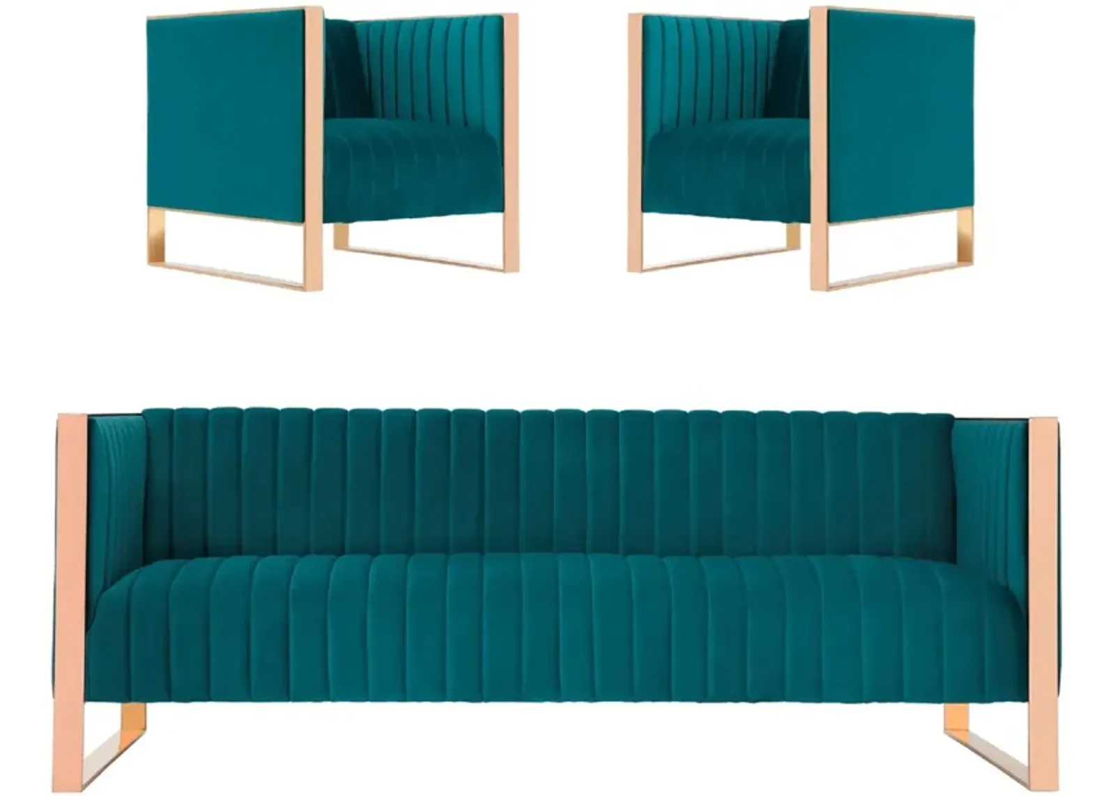 Dobrev Sofa and Set of 2 Chairs - Teal/Rose Gold