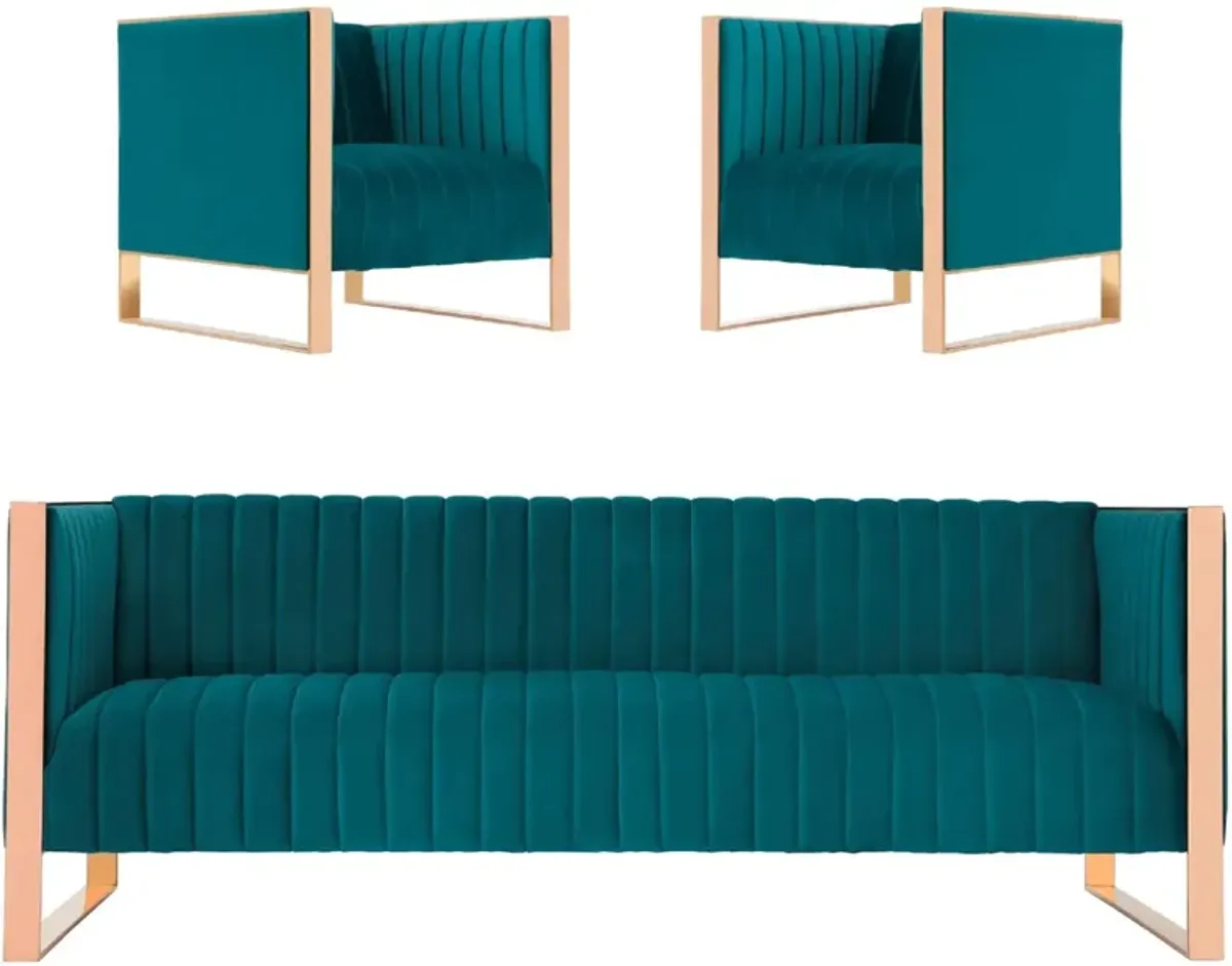 Dobrev Sofa and Set of 2 Chairs - Teal/Rose Gold