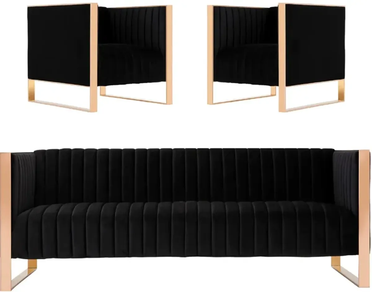 Dobrev Sofa and Set of 2 Chairs - Black/Rose Gold