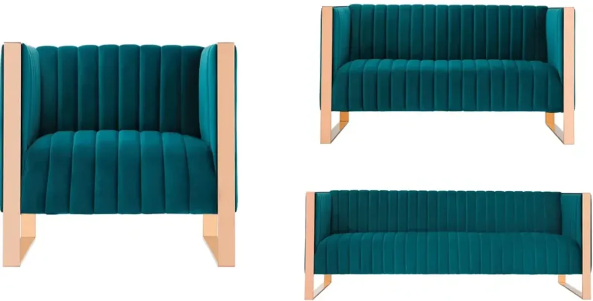 Dobrev Sofa, Loveseat and Chair - Teal/Rose Gold