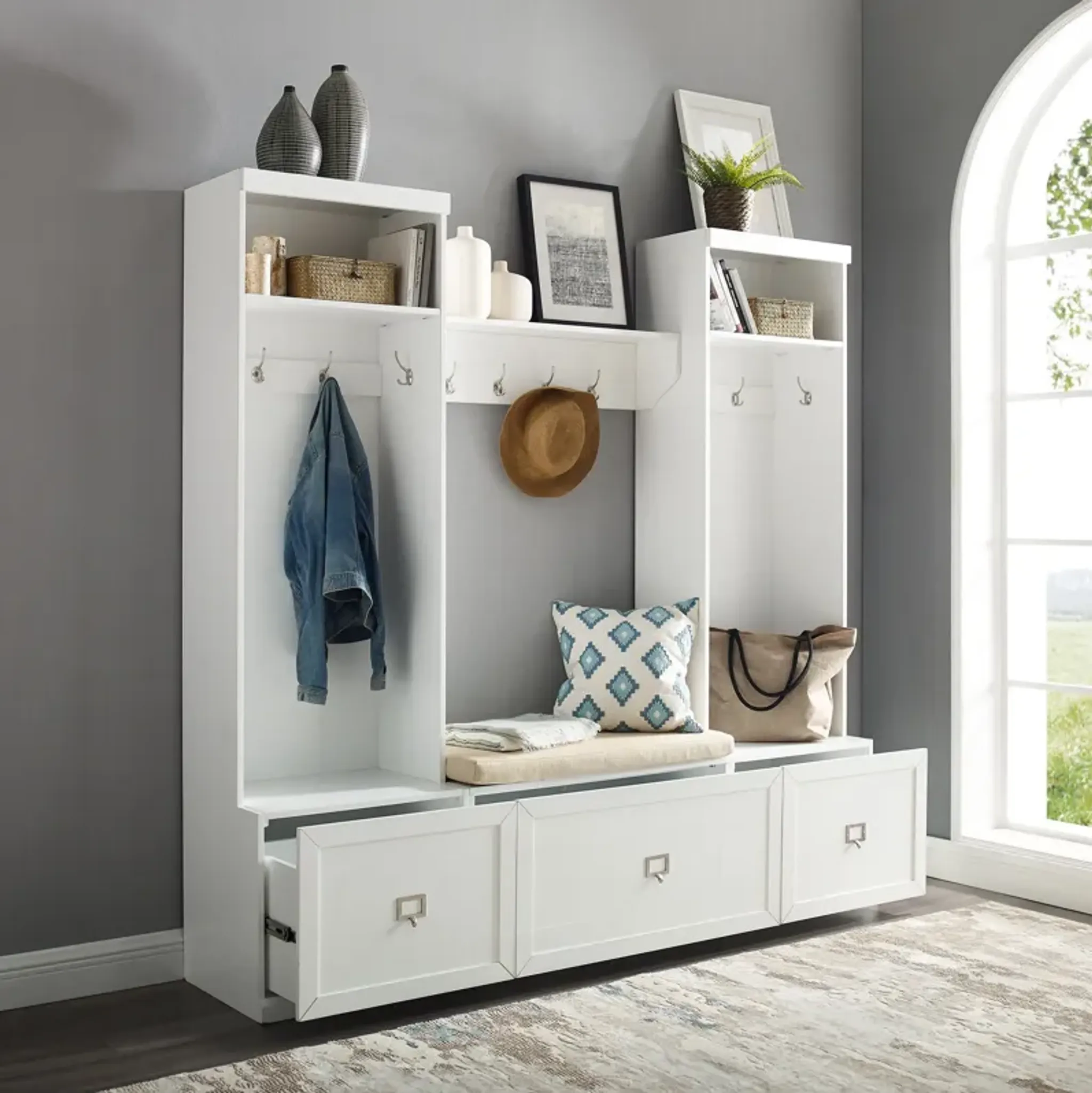 Caddie 4 Piece Entryway Set With Bench Shelf And 2 Hall Trees White ...