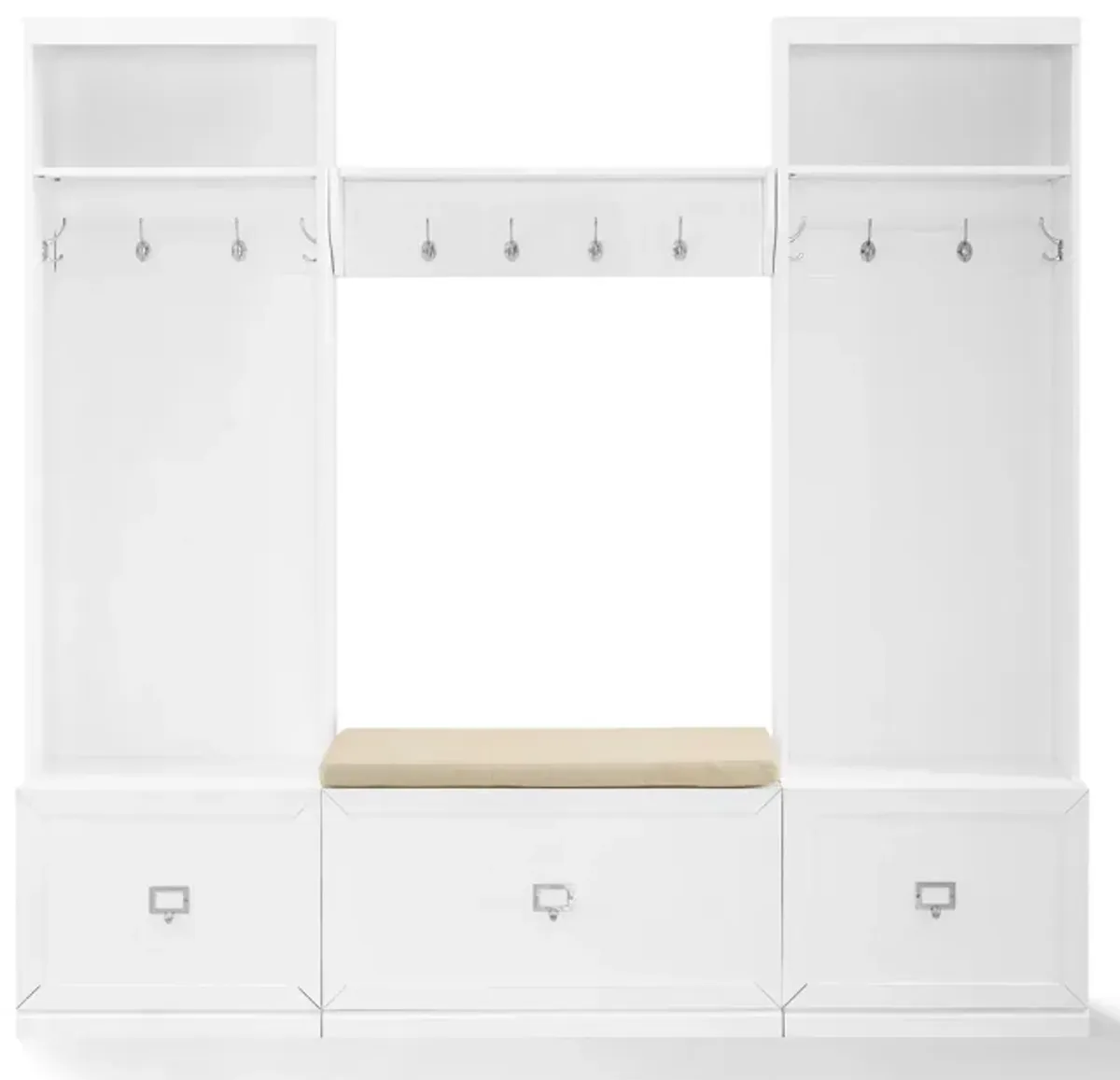 Caddie 4-Piece Entryway Set with Bench, Shelf and 2 Hall Trees - White