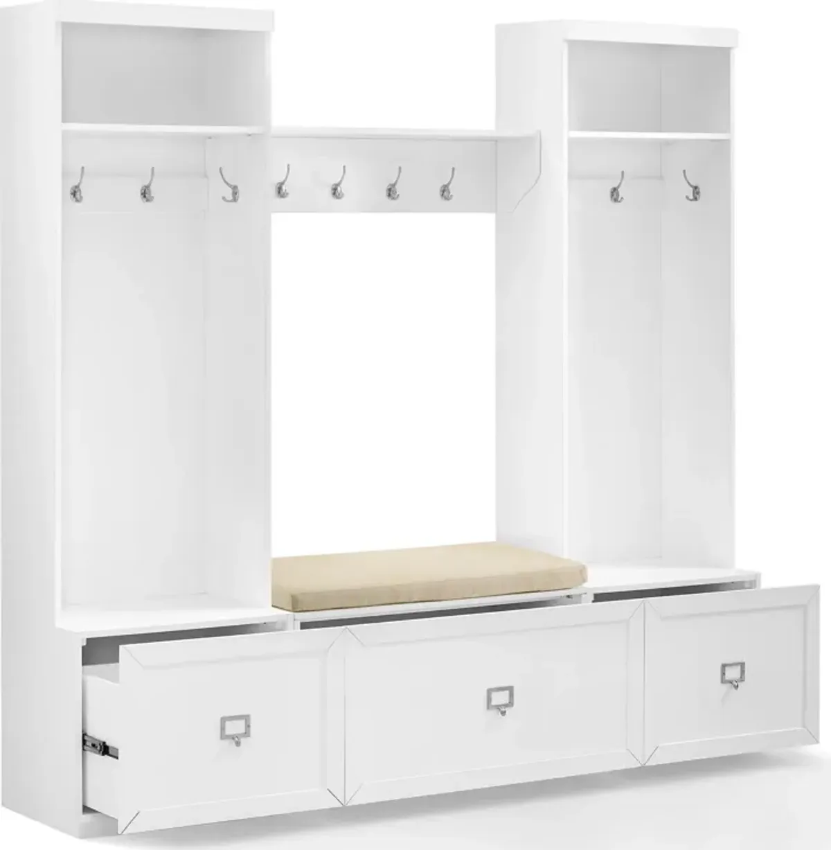 Caddie 4-Piece Entryway Set with Bench, Shelf and 2 Hall Trees - White