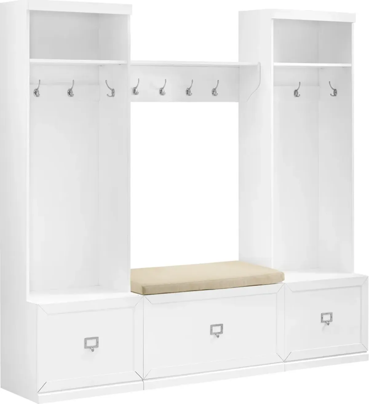 Caddie 4-Piece Entryway Set with Bench, Shelf and 2 Hall Trees - White