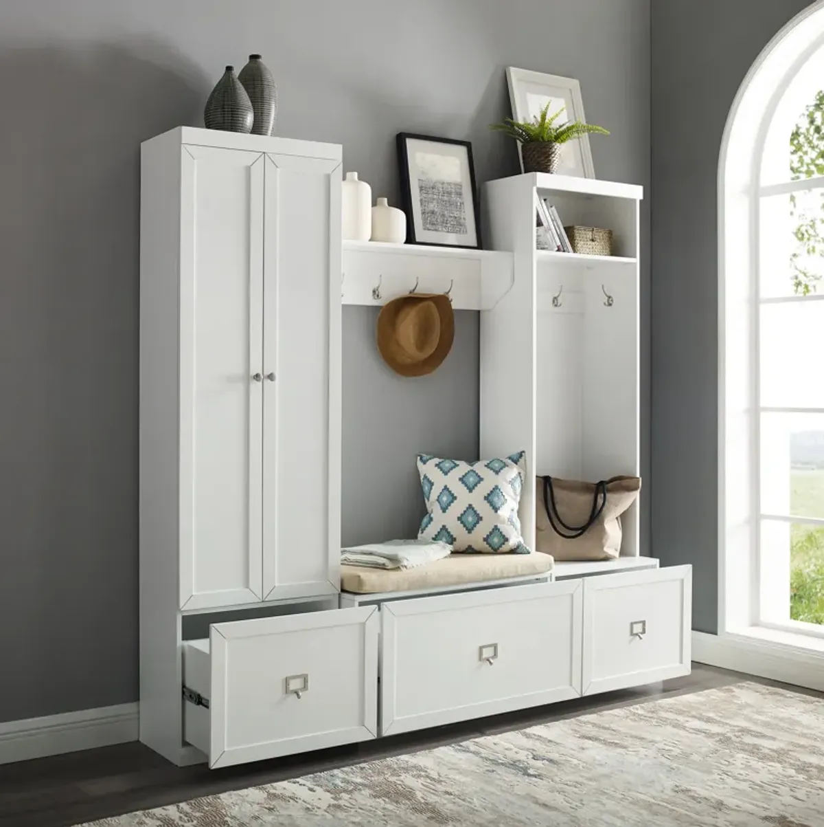 Caddie Pantry, Hall Tree, Bench, and Shelf Set