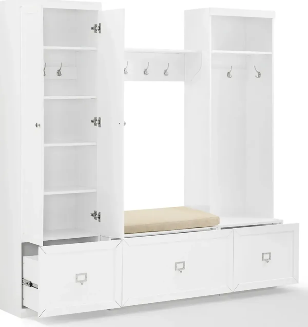 Caddie Pantry, Hall Tree, Bench, and Shelf Set