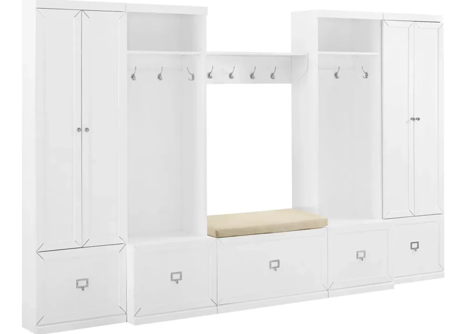 Caddie 6-Piece Entryway Set with Bench, Shelf, 2 Hall Trees and 2 Closets - White