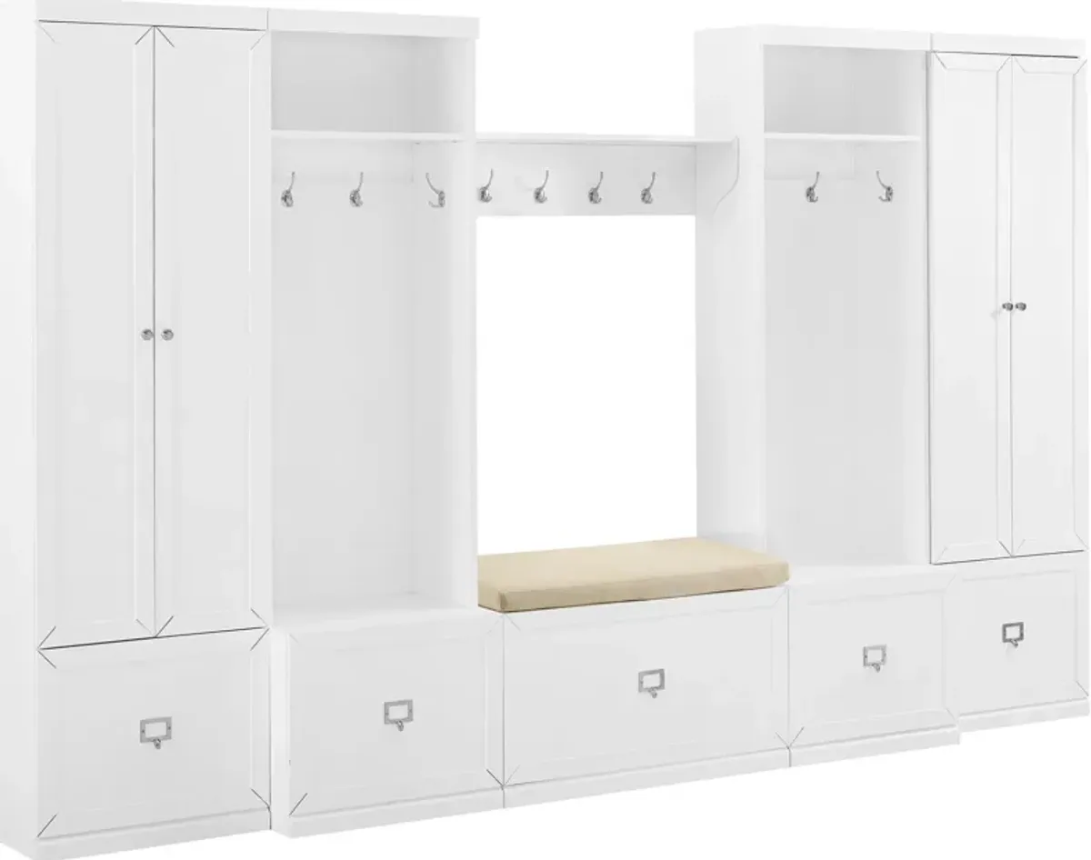 Caddie 6-Piece Entryway Set with Bench, Shelf, 2 Hall Trees and 2 Closets - White