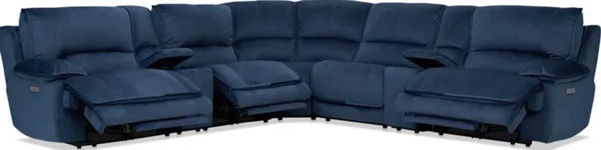 Olsen Dual-Power 7-Piece Reclining Sectional with 2 Consoles - Indigo