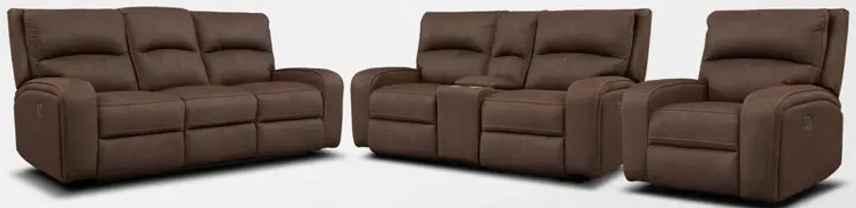 Burke Dual-Power Reclining Sofa, Loveseat with Console and Recliner - Brown