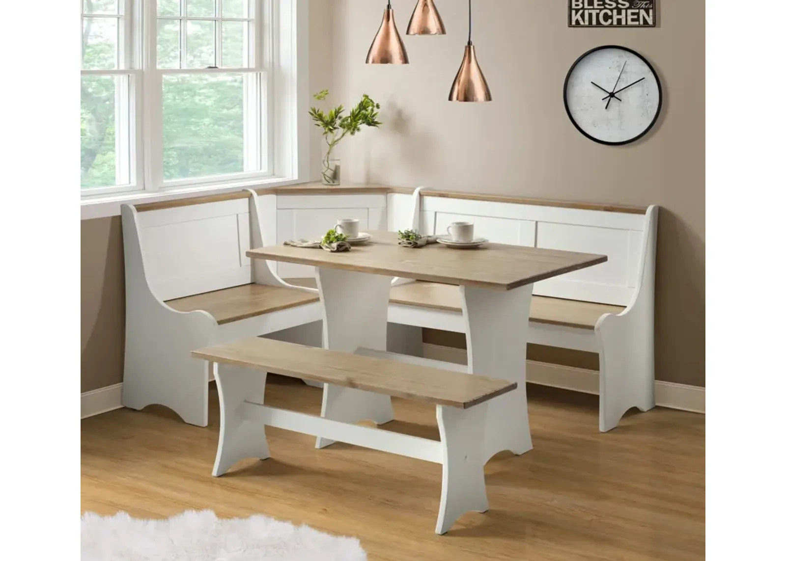 Manny Dining Table, Banquette and Bench - White/Brown