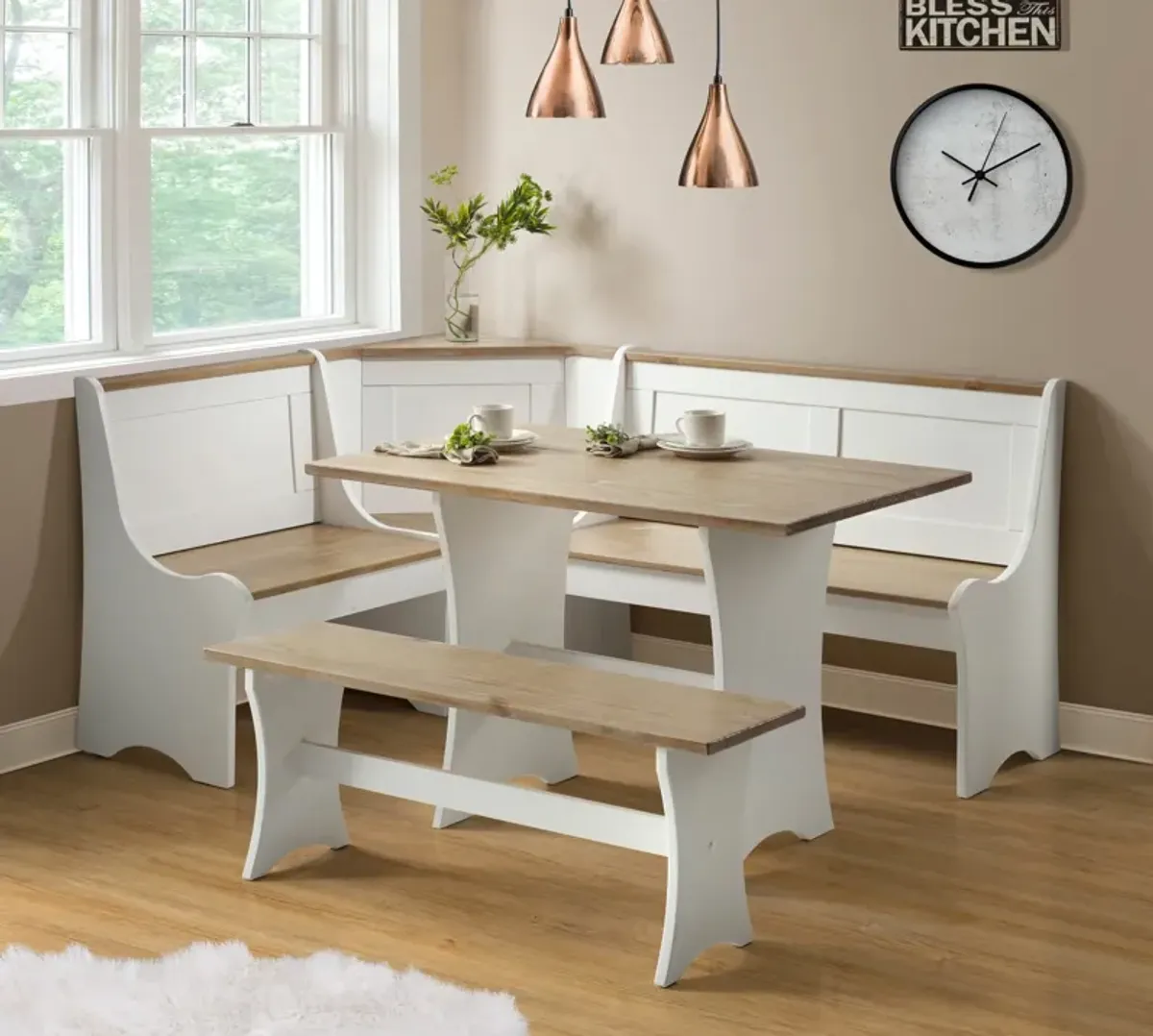 Manny Dining Table, Banquette and Bench - White/Brown