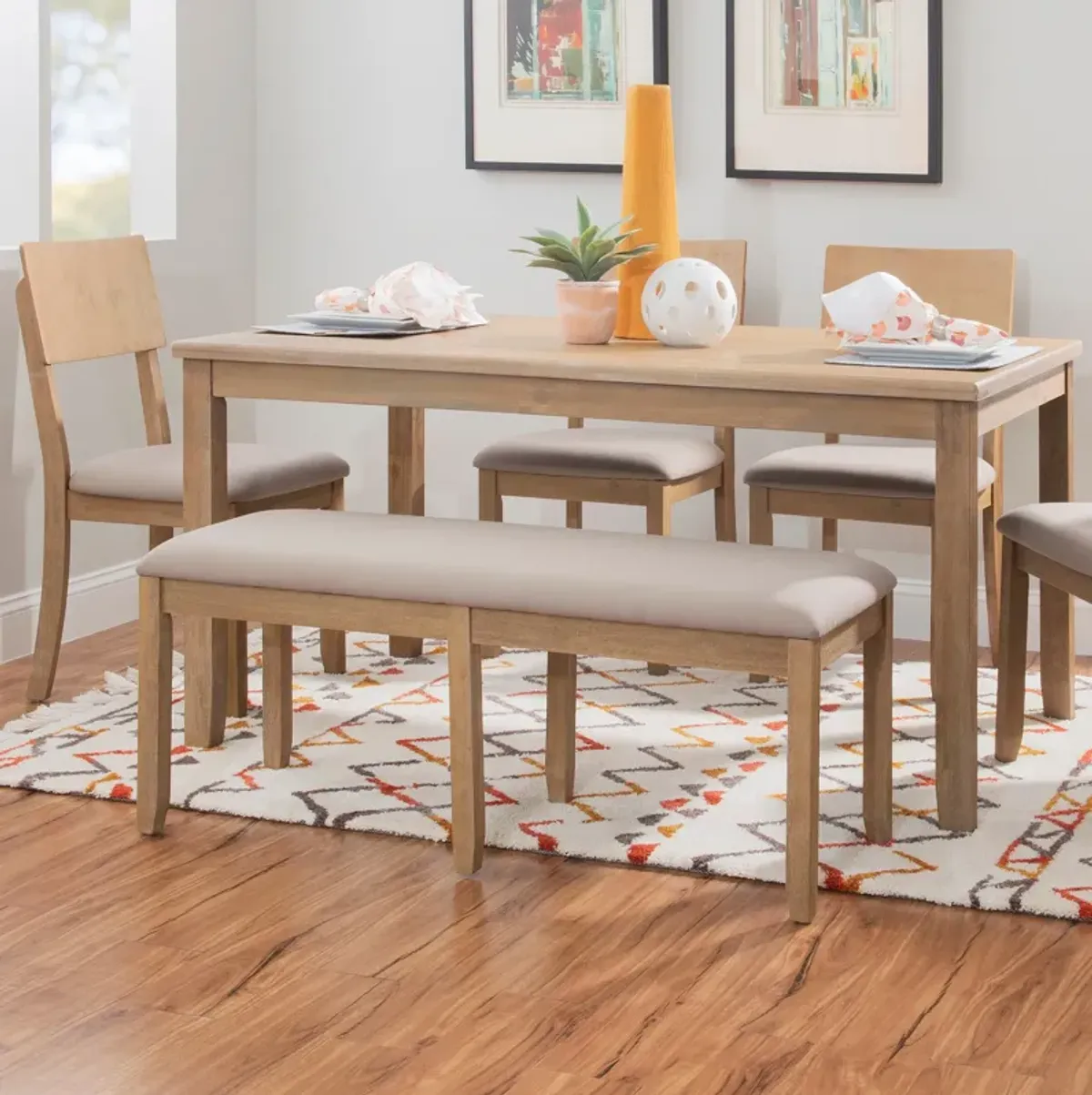 Rozon Dining Table, 4 Side Chairs and Bench - Natural