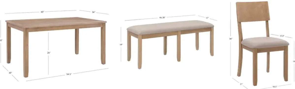 Rozon Dining Table, 4 Side Chairs and Bench - Natural