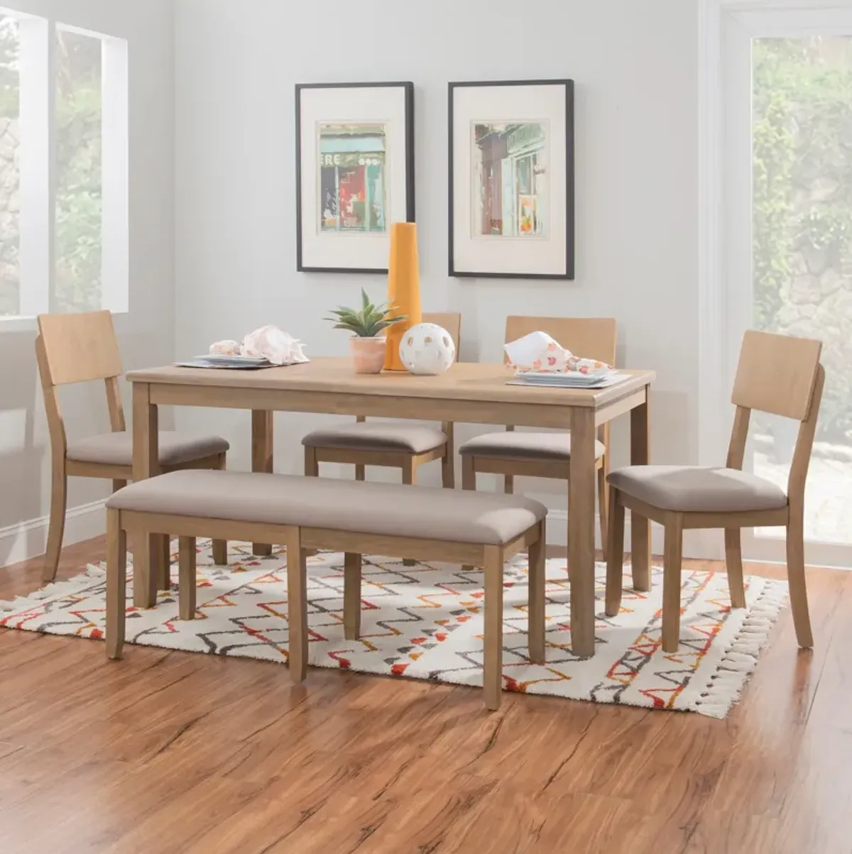Rozon Dining Table, 4 Side Chairs and Bench - Natural