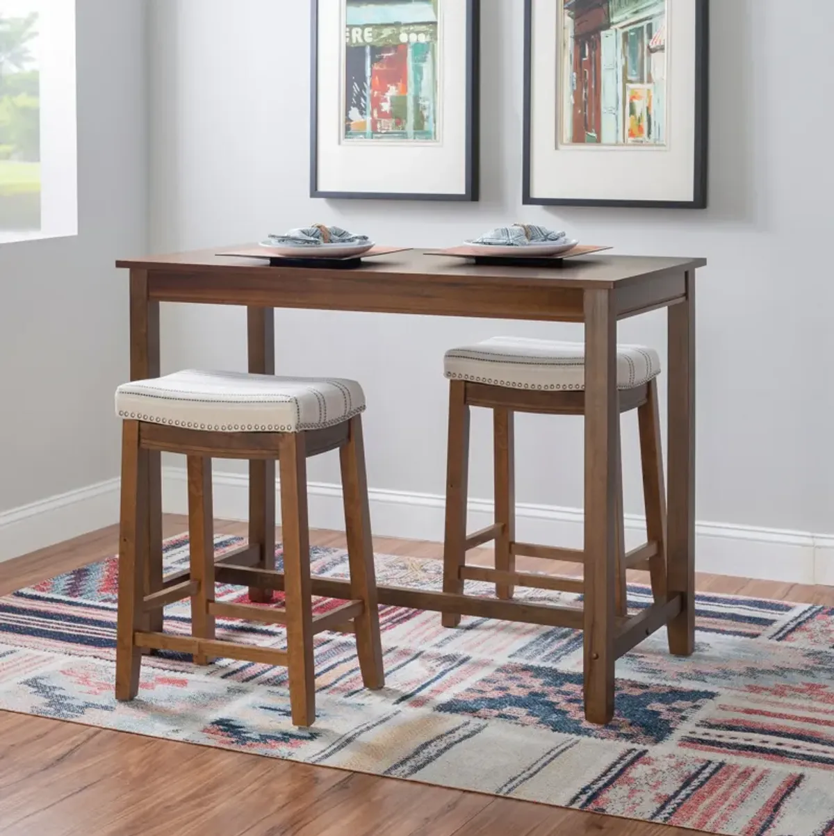 Wilcox Counter-Height Dining Table and 2 Backless Stools - Rustic Brown/Stripe