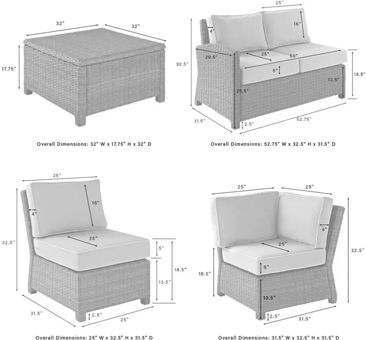 Destin 4-Piece Outdoor Sectional and Coffee Table Set - White/Brown