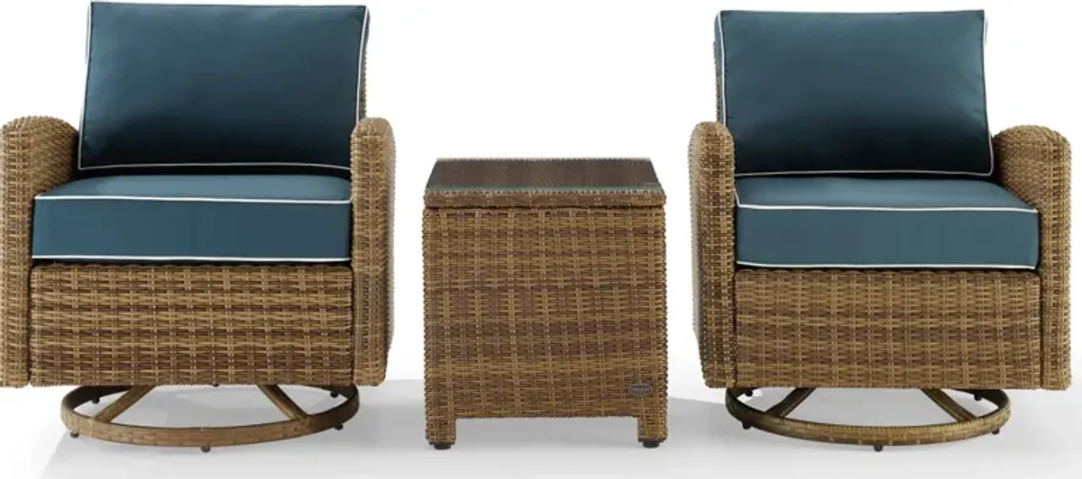 Destin 3-Piece Outdoor Set with 2 Swivel Rockers and End Table - Navy/Brown