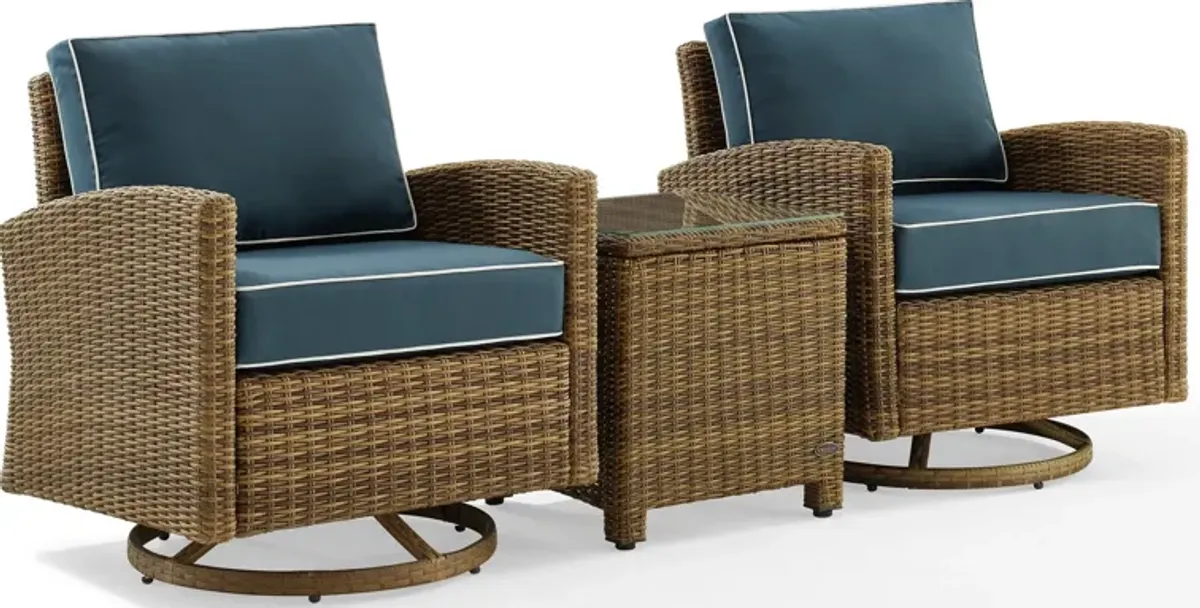 Destin 3-Piece Outdoor Set with 2 Swivel Rockers and End Table - Navy/Brown