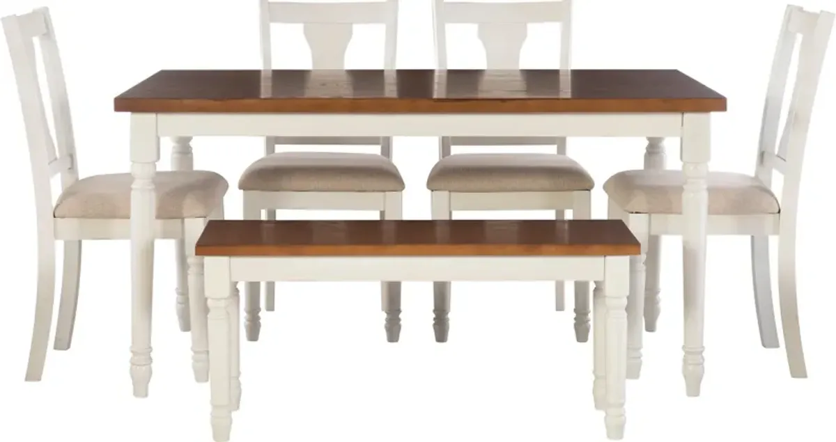 Clayes Dining Table, 4 Chairs and Bench - White and Brown