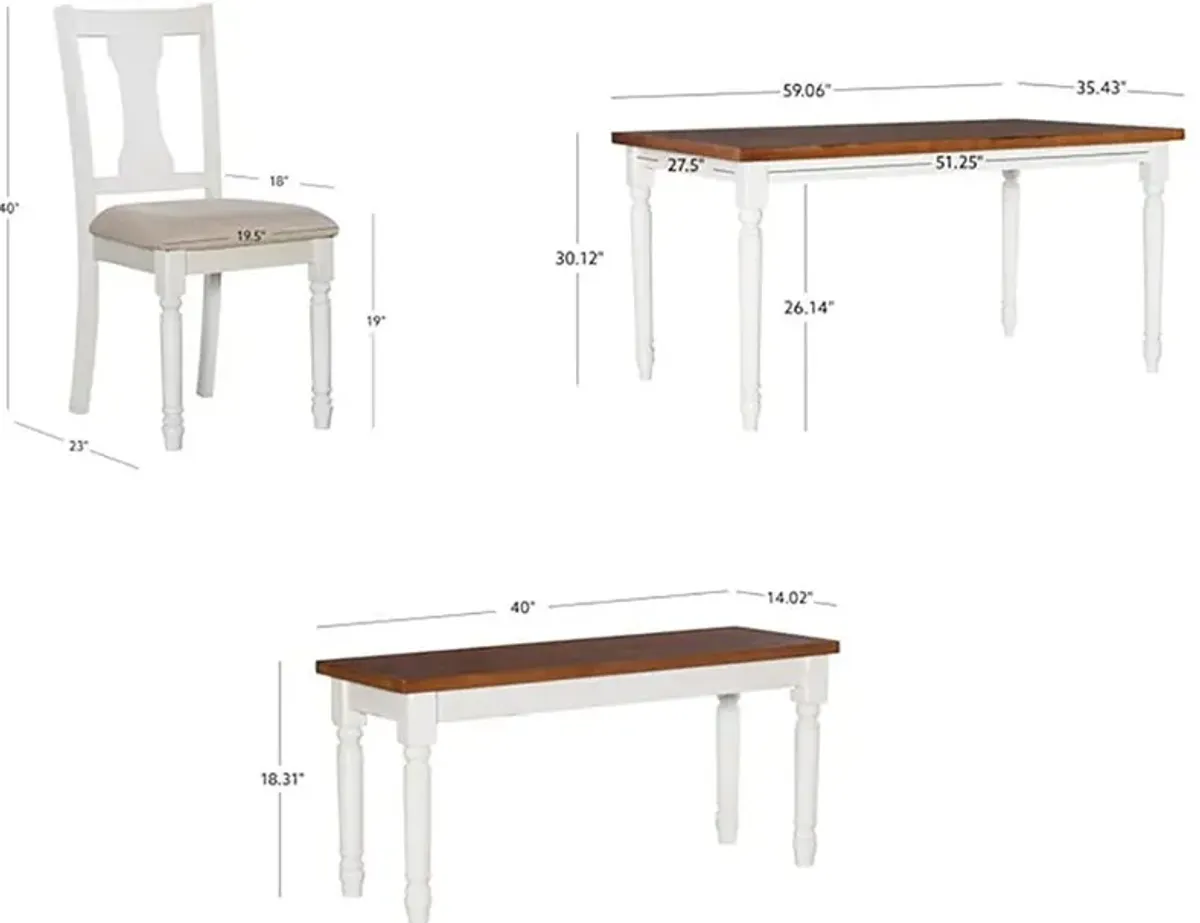 Clayes Dining Table, 4 Chairs and Bench - White and Brown