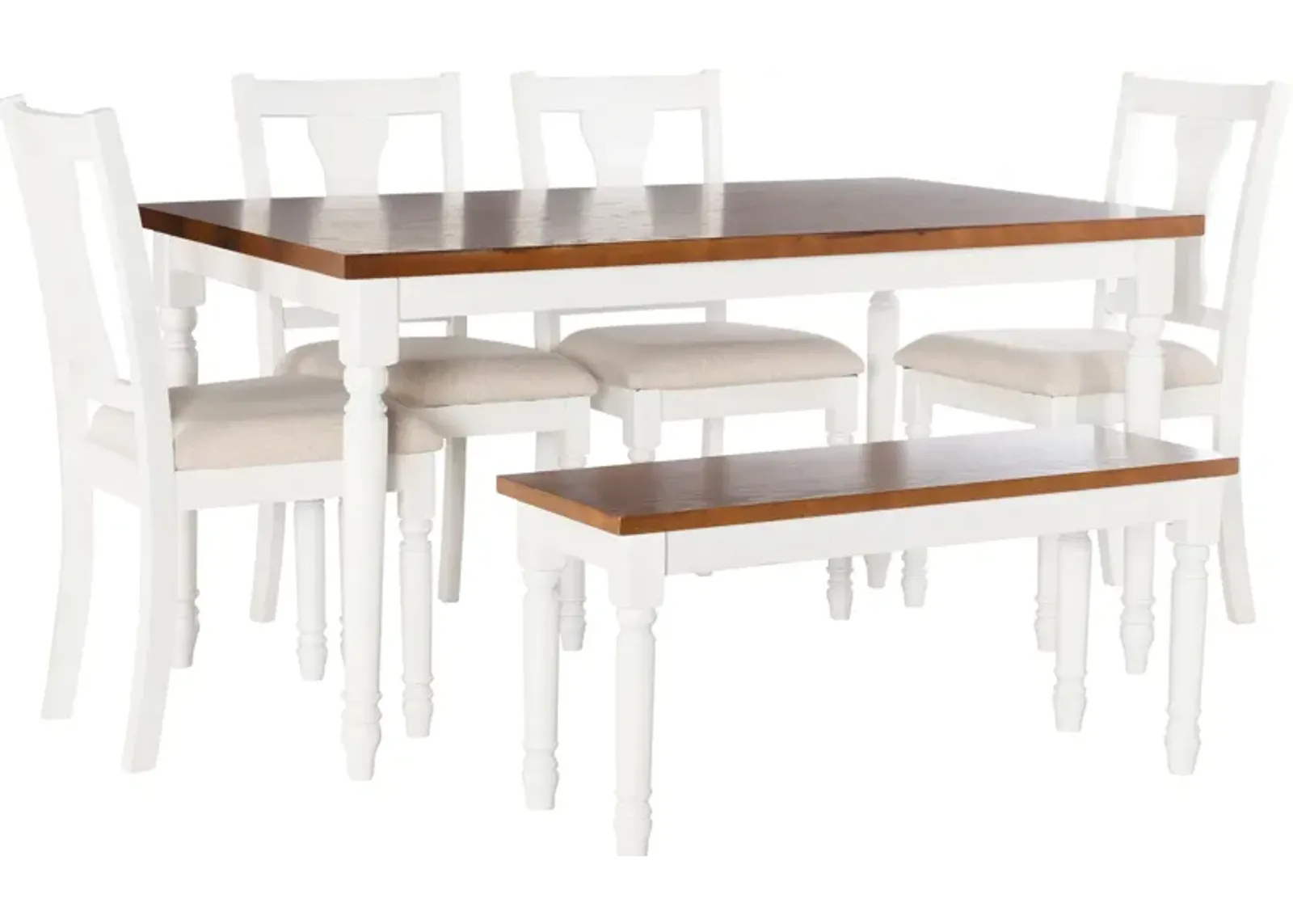 Clayes Dining Table, 4 Chairs and Bench - White and Brown