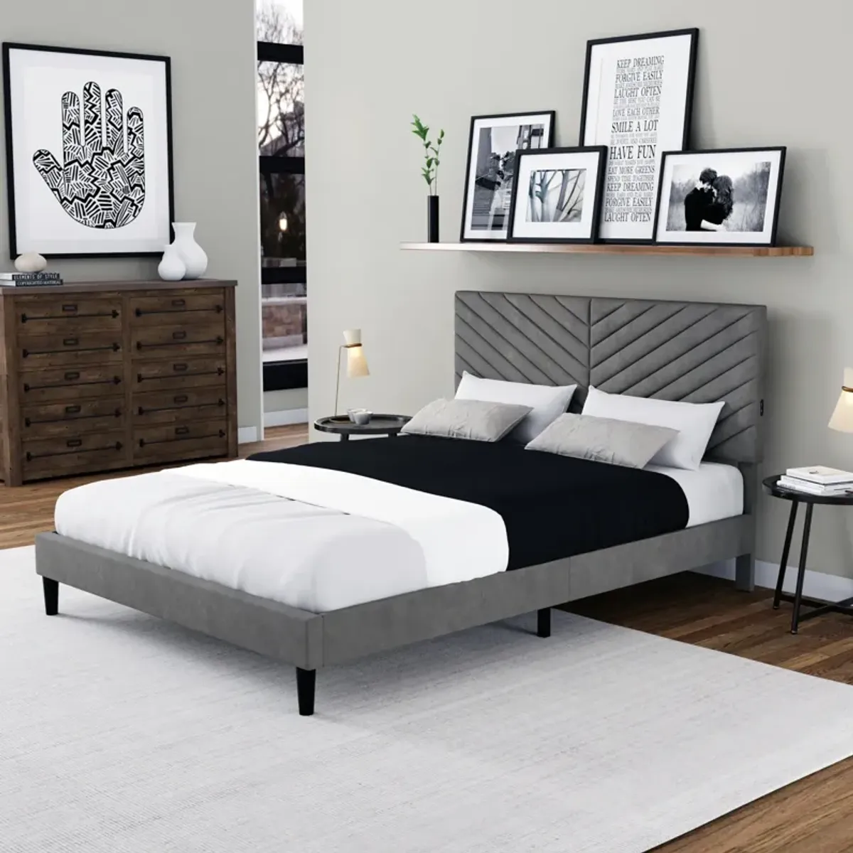 Ralph Queen Upholstered Platform Bed with USB Charging - Gray