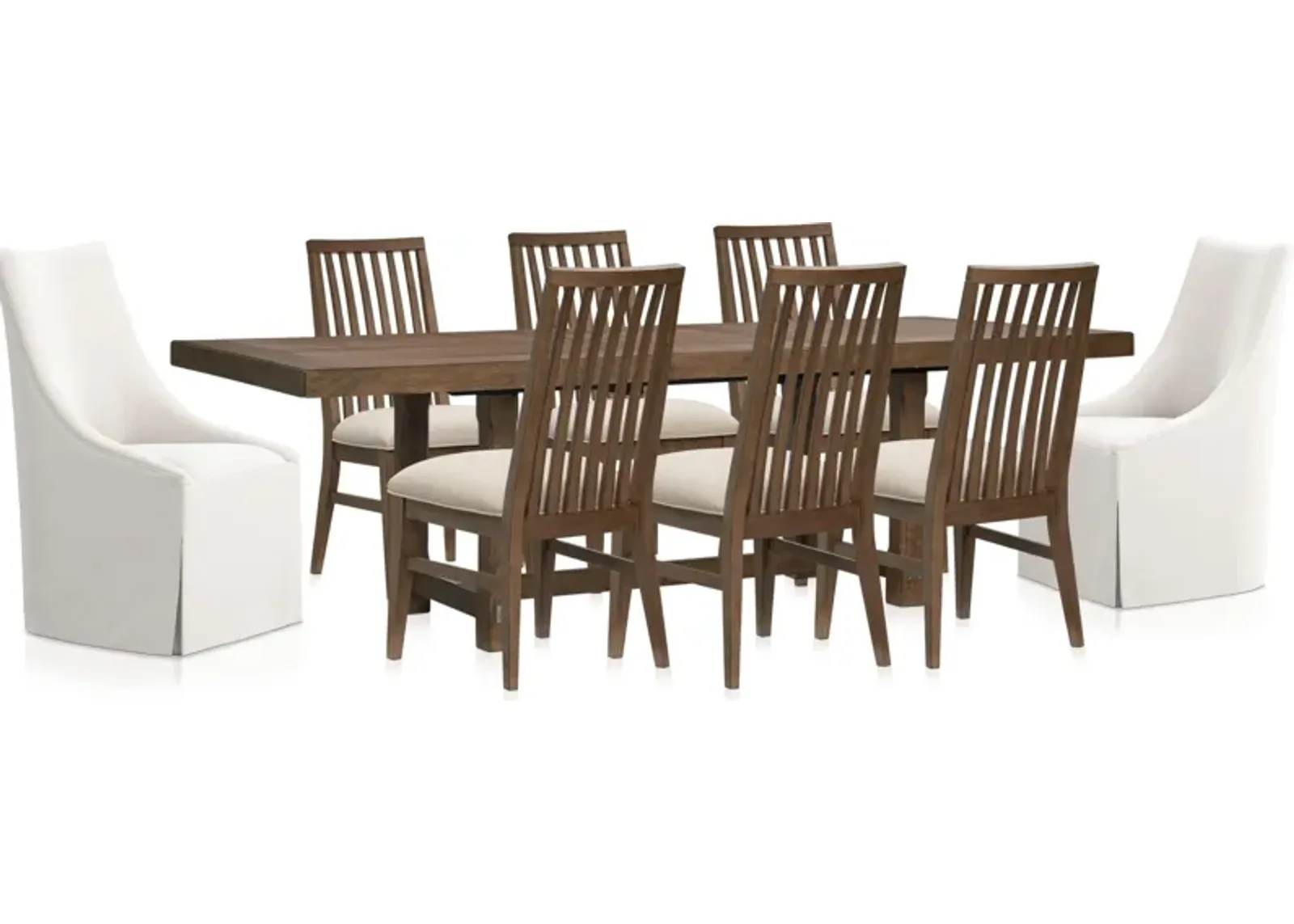 Madrid Extendable Rectangular Dining Table, 6 Madrid Side Chairs and 2 Nicolette Chairs - Oak