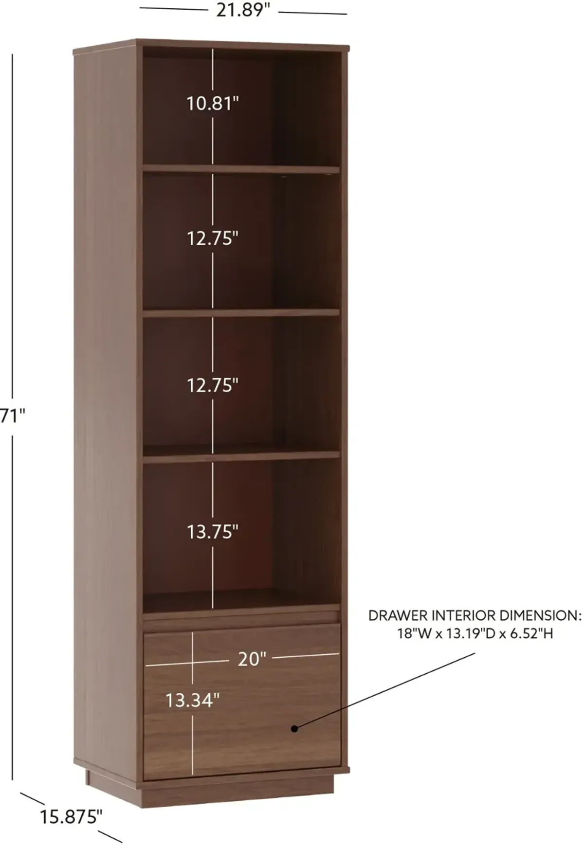 Woodbury Bookcase With One Drawer - Walnut