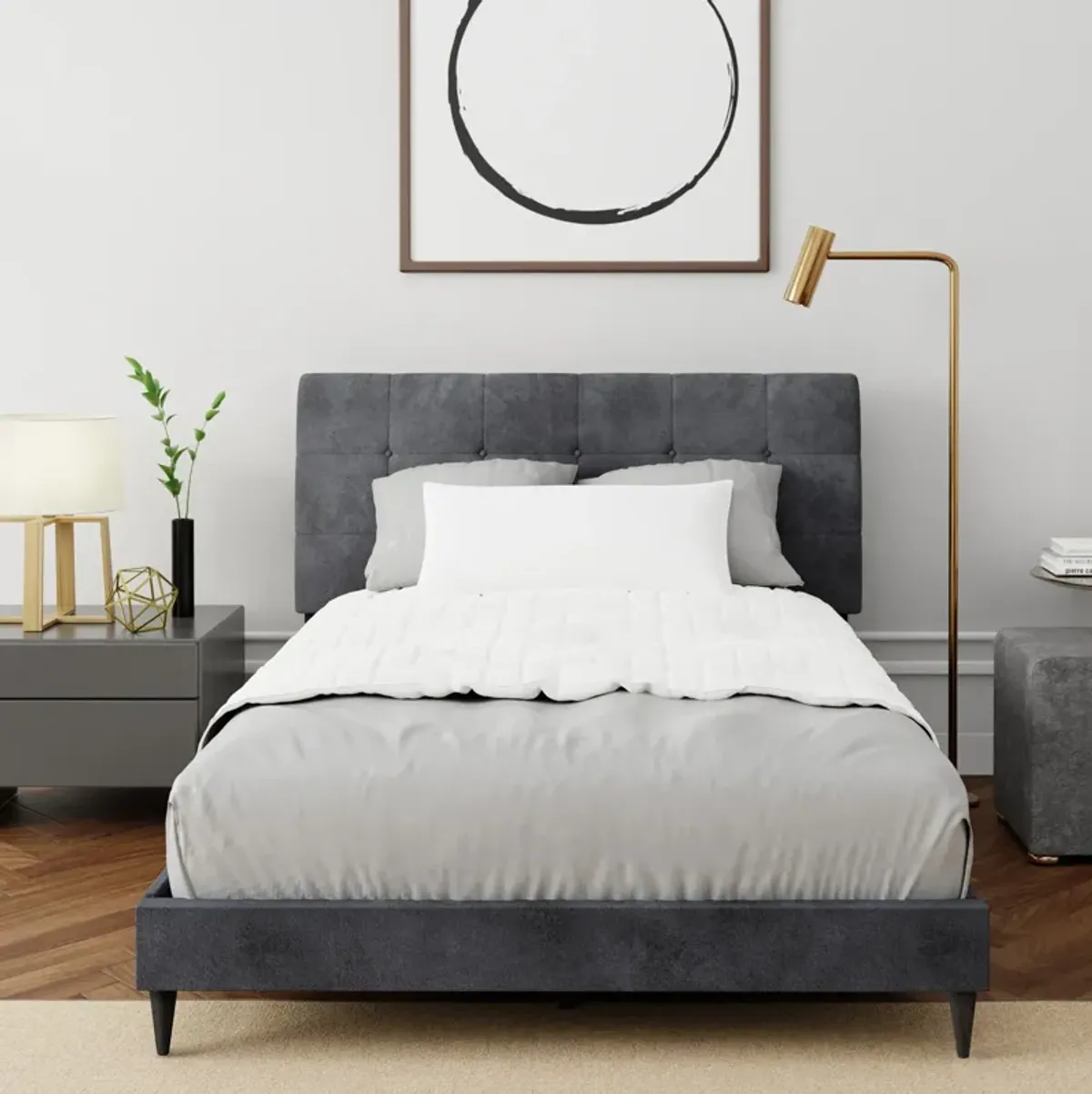 Freddie Queen Upholstered Platform Bed with USB Charging - Gray