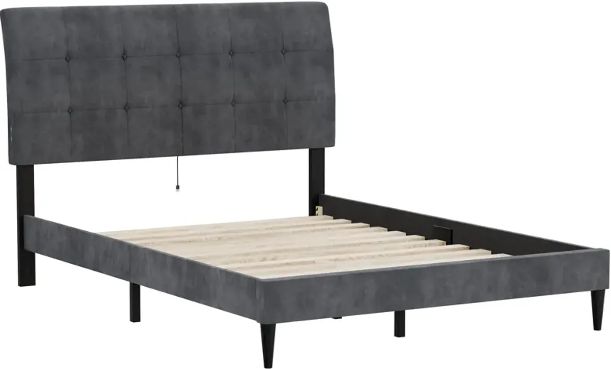 Freddie Queen Upholstered Platform Bed with USB Charging - Gray