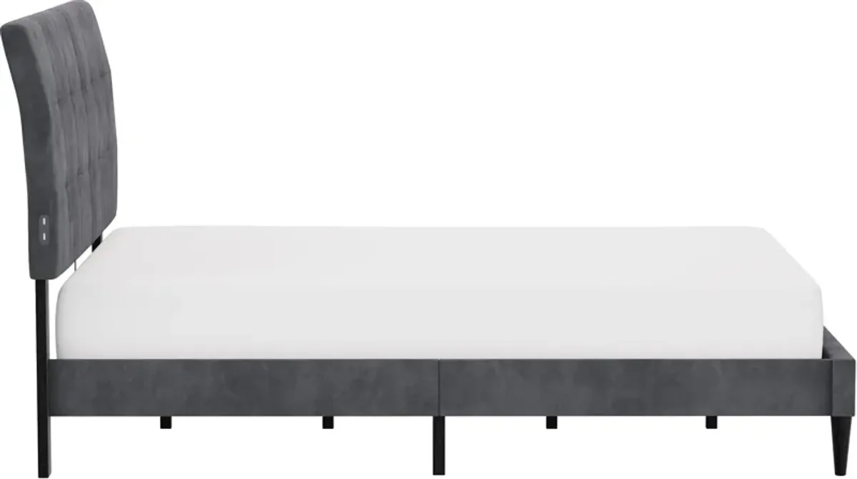 Freddie Queen Upholstered Platform Bed with USB Charging - Gray