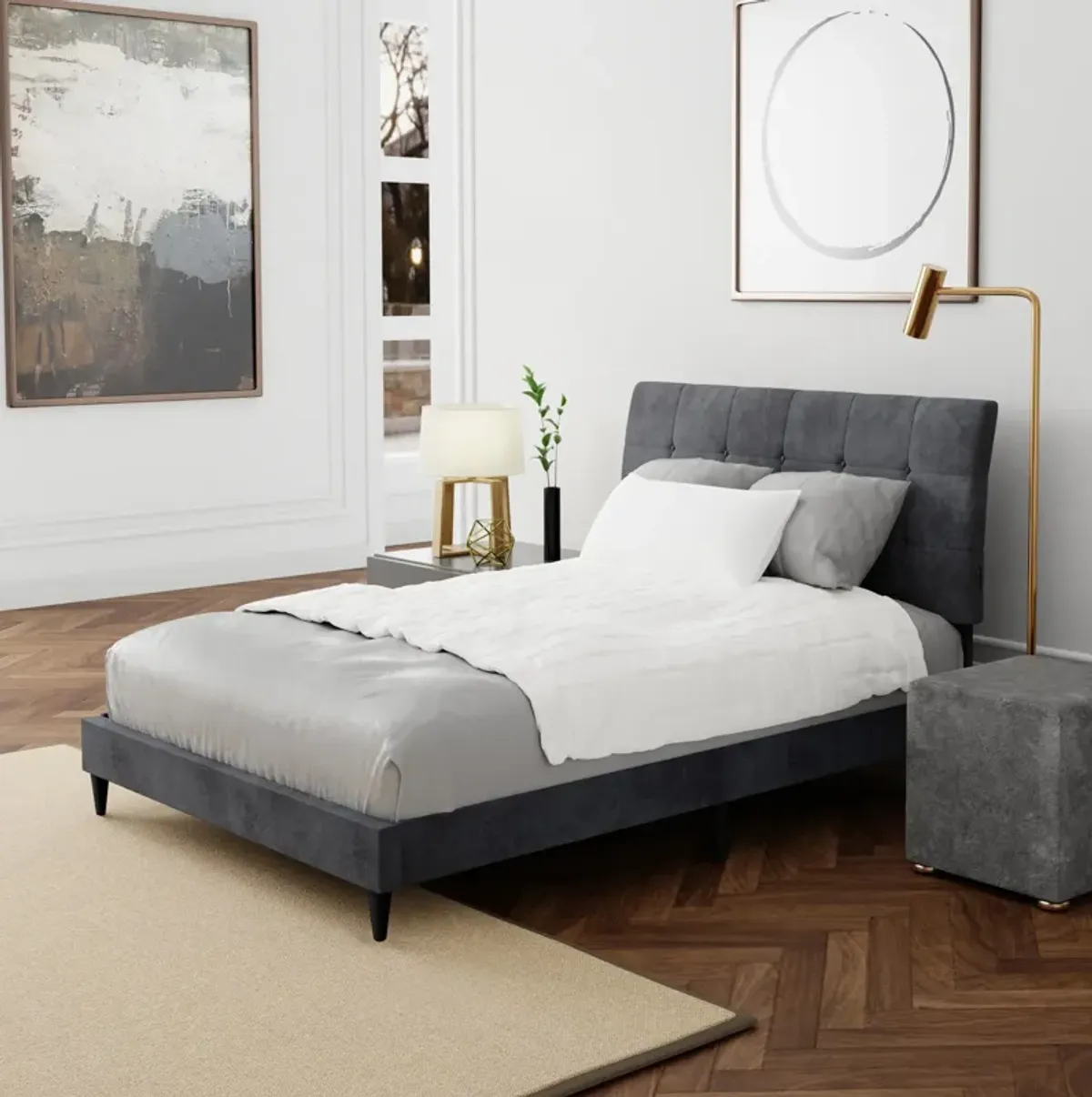 Freddie Queen Upholstered Platform Bed with USB Charging - Gray