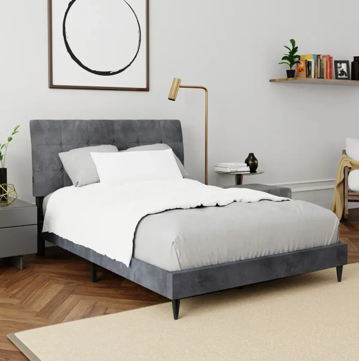 Freddie Queen Upholstered Platform Bed with USB Charging - Gray