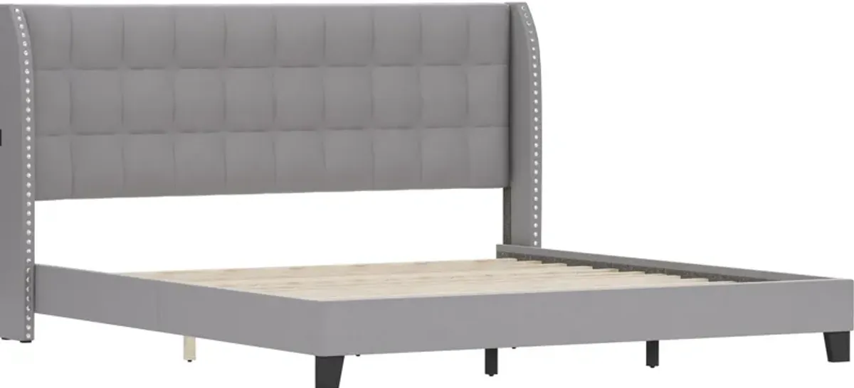 Marietta King Upholstered Platform Bed with USB Charging - Gray