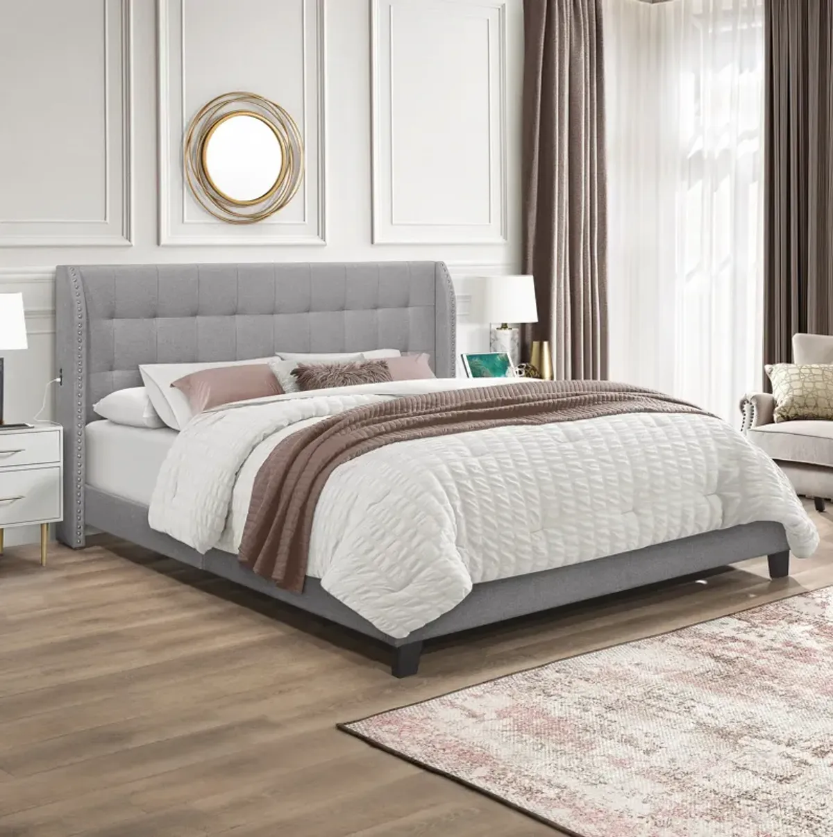 Marietta King Upholstered Platform Bed with USB Charging - Gray