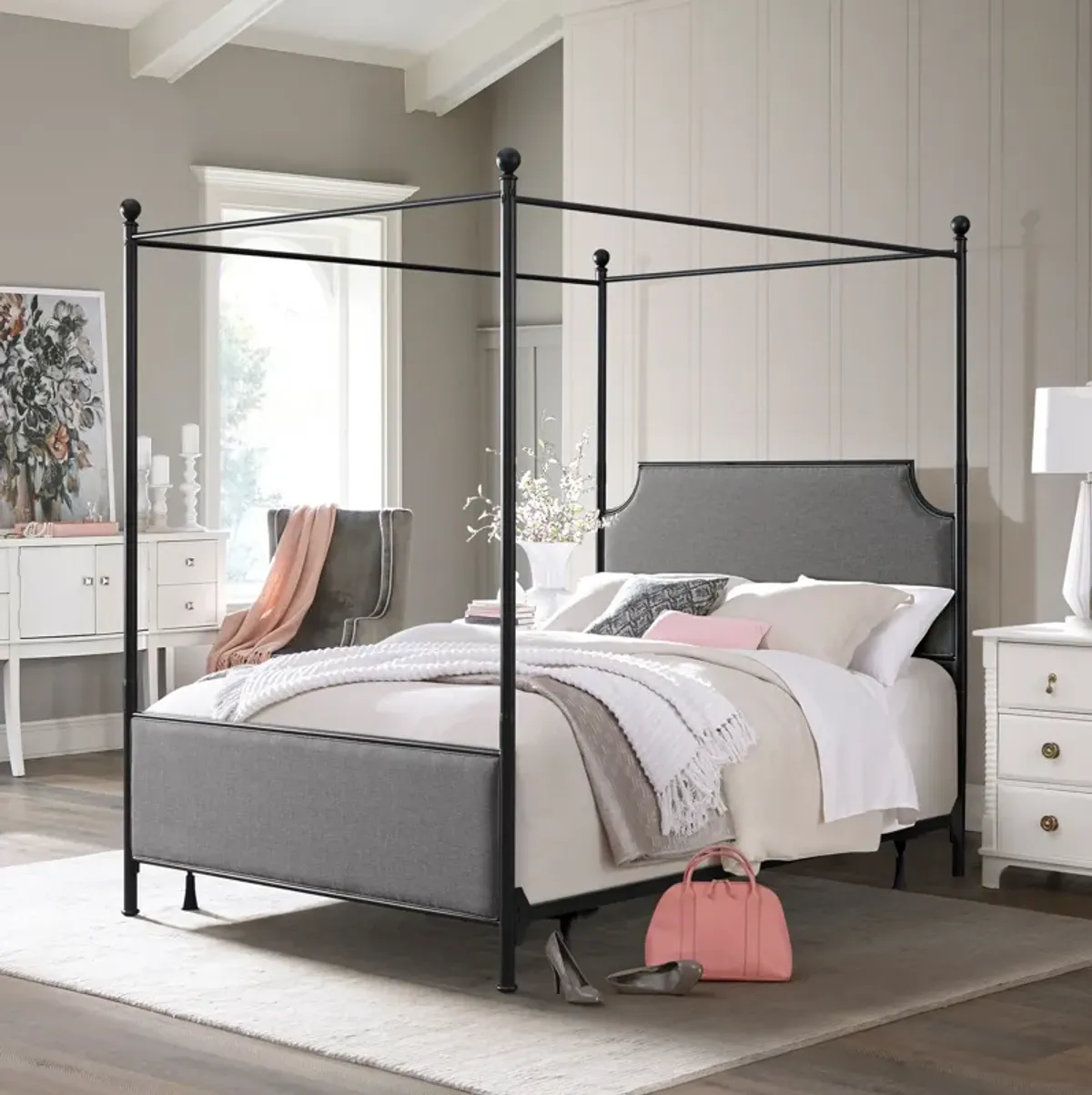 Elena Queen Canopy Upholstered Bed - Gray/Black