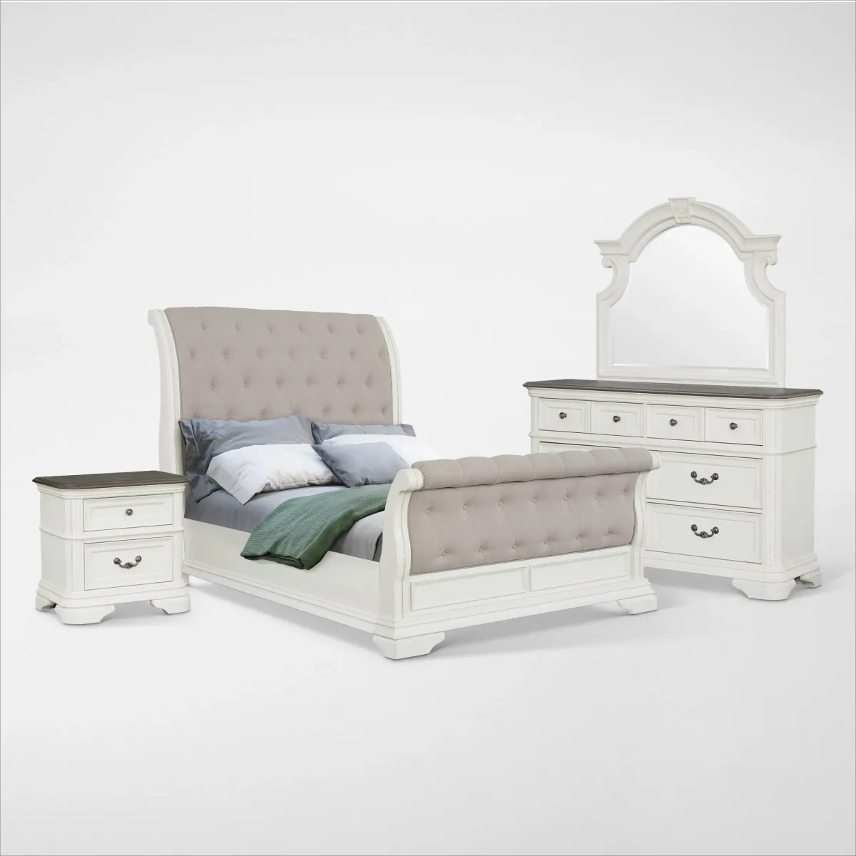 Mayfair 6-Piece King Upholstered Sleigh Bedroom Set with Nightstand, Dresser and Mirror