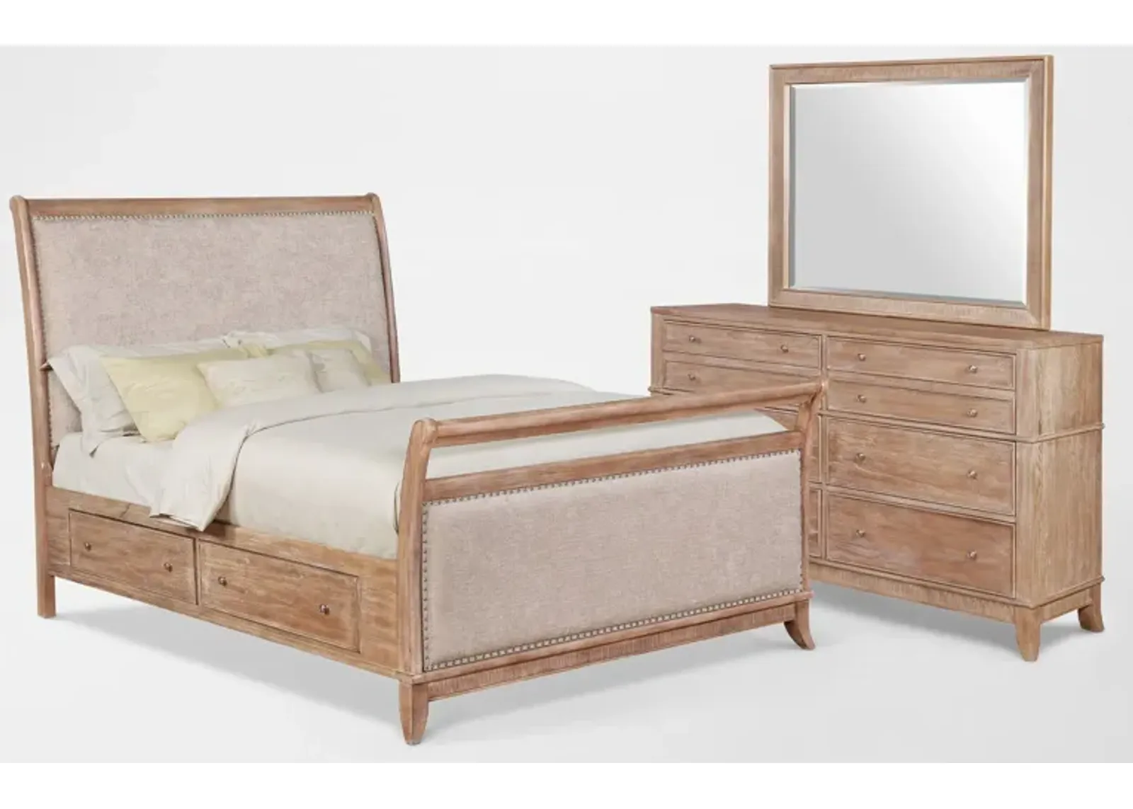 Hazel 5-Piece Queen Upholstered Bedroom Set with Dresser and Mirror - Latte