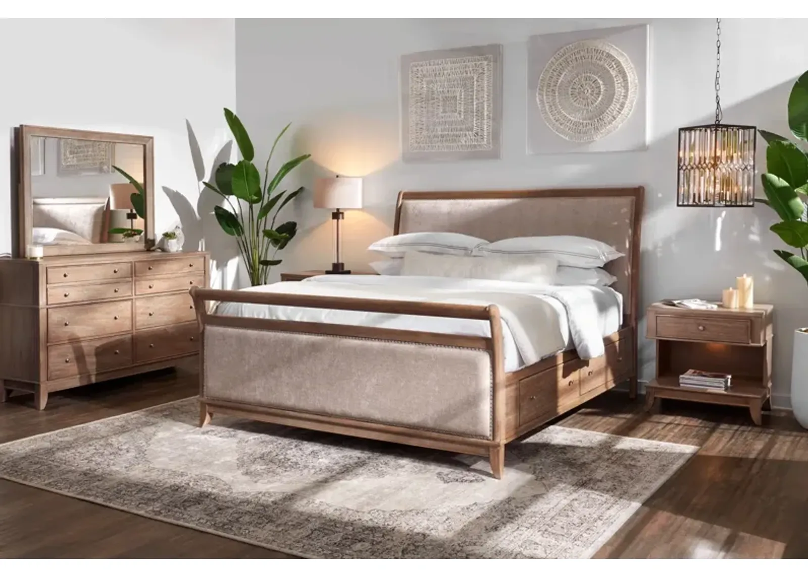 Hazel 6-Piece Queen Upholstered Bedroom Set with 1-Drawer Nightstand, Dresser and Mirror - Latte