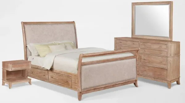 Hazel 6-Piece Queen Upholstered Bedroom Set with 1-Drawer Nightstand, Dresser and Mirror - Latte