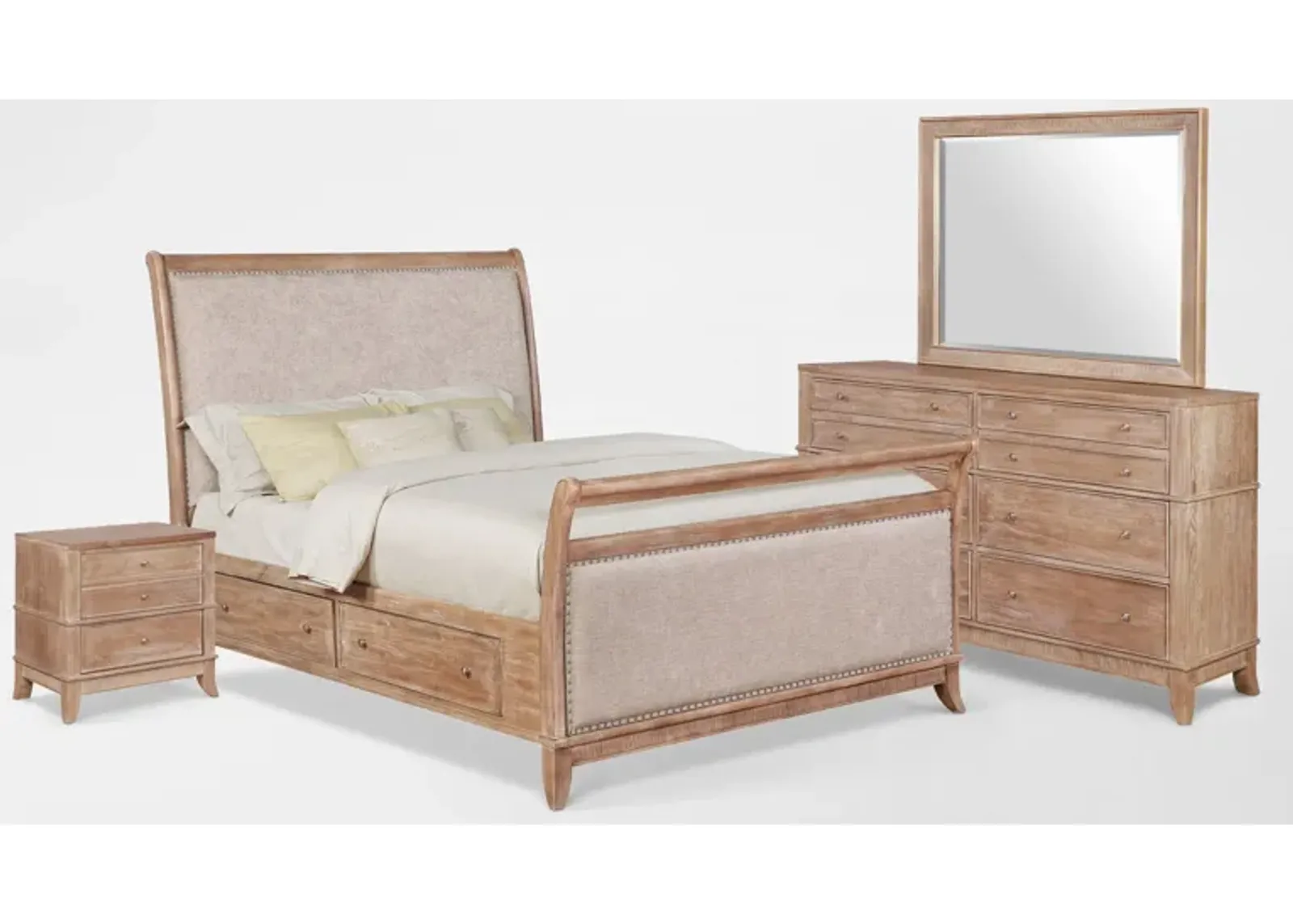 Hazel 6-Piece Queen Upholstered Bedroom Set with 2-Drawer Nightstand, Dresser and Mirror - Latte